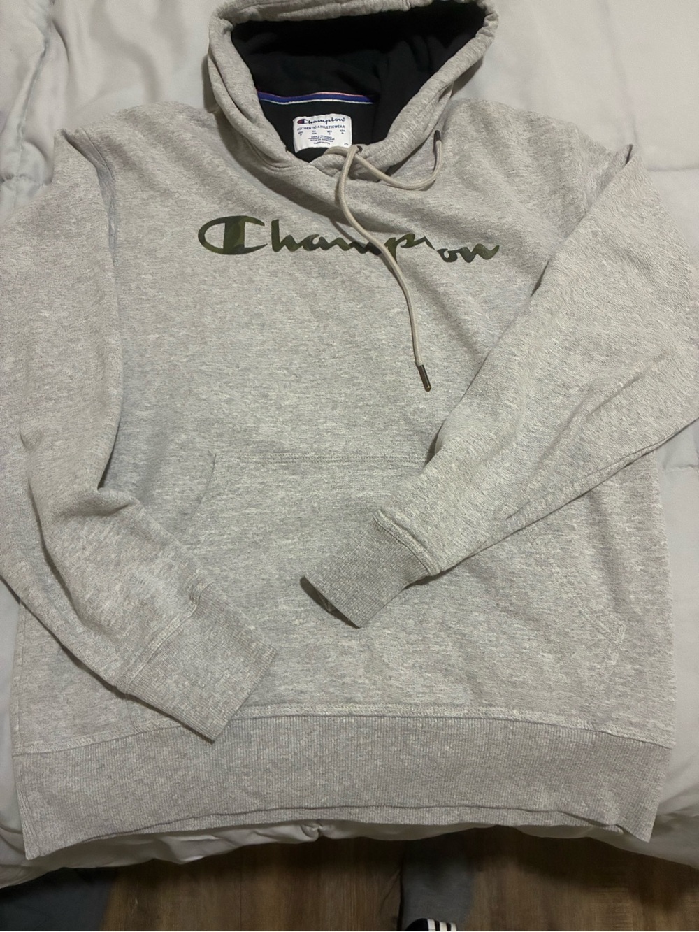 Champion Light Gray Pullover Hoodie with Olive Logo